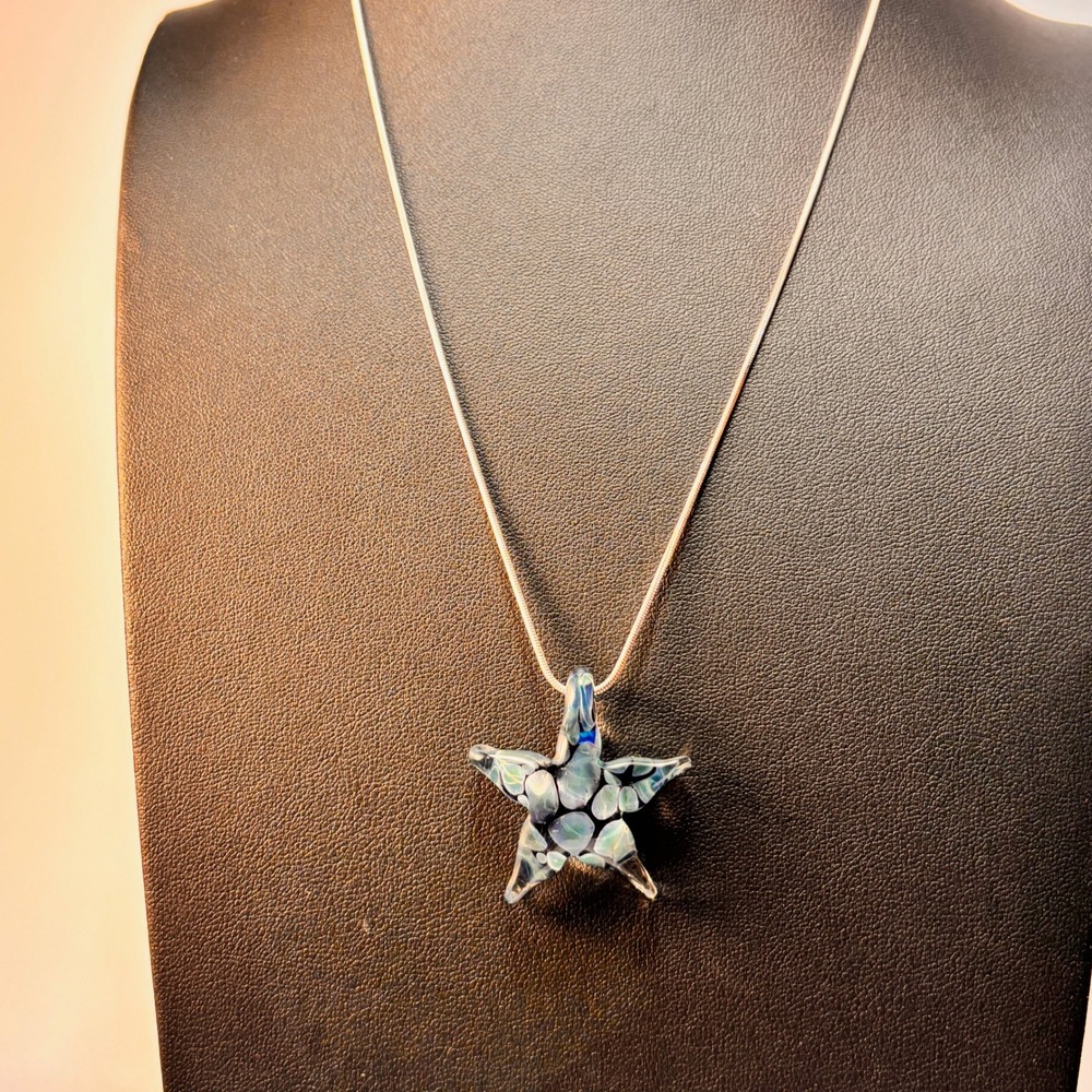 Art Glass Starfish Necklace Blue White Celestial Silver Tone Chain